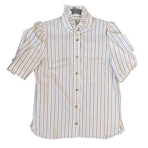 Vanessa Bruno Athina Striped Ruffle Neck Puff Sleeve Cotton Blouse Size 36 US 4